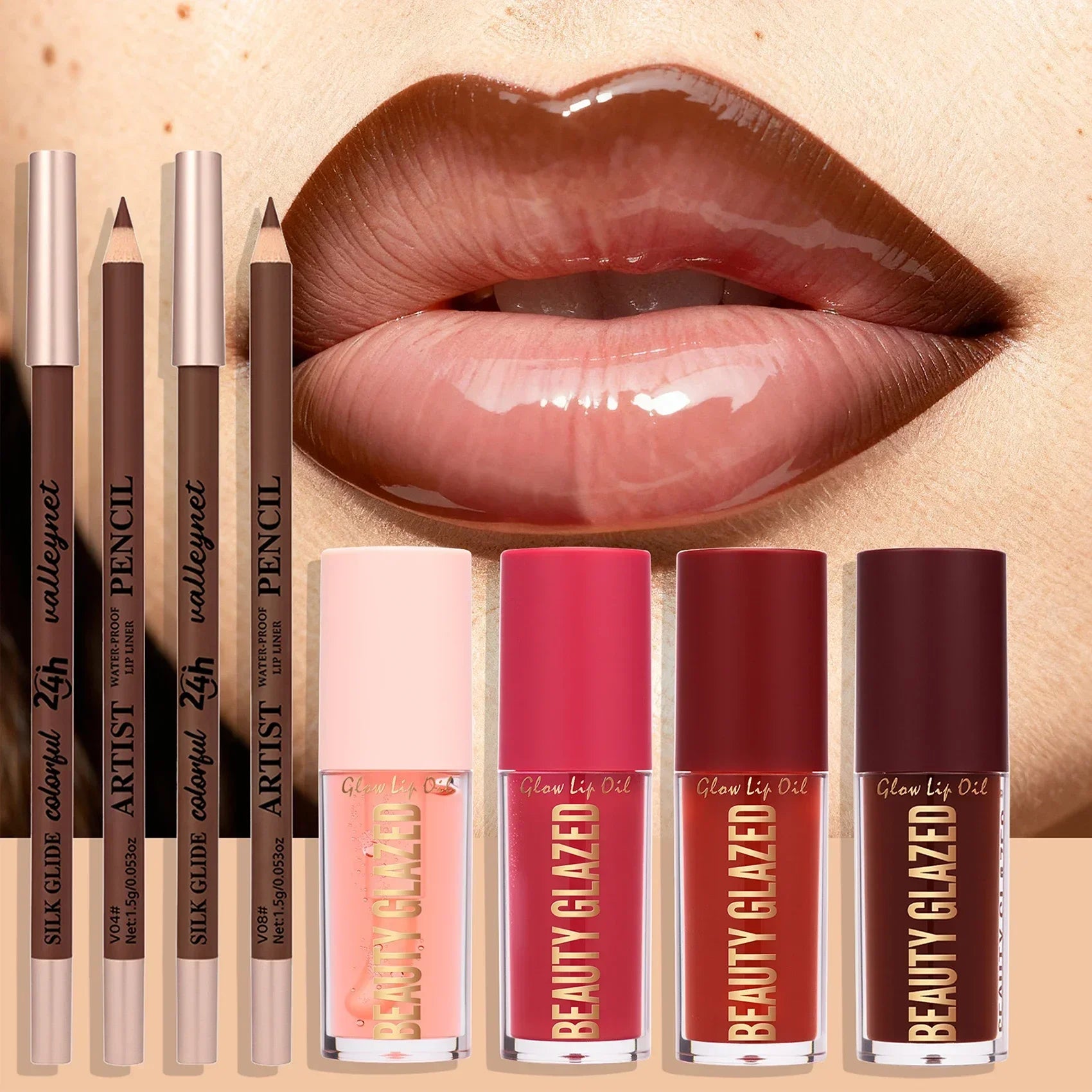 Set de 3 piezas: delineador de labios mate aterciopelado y aceite labial