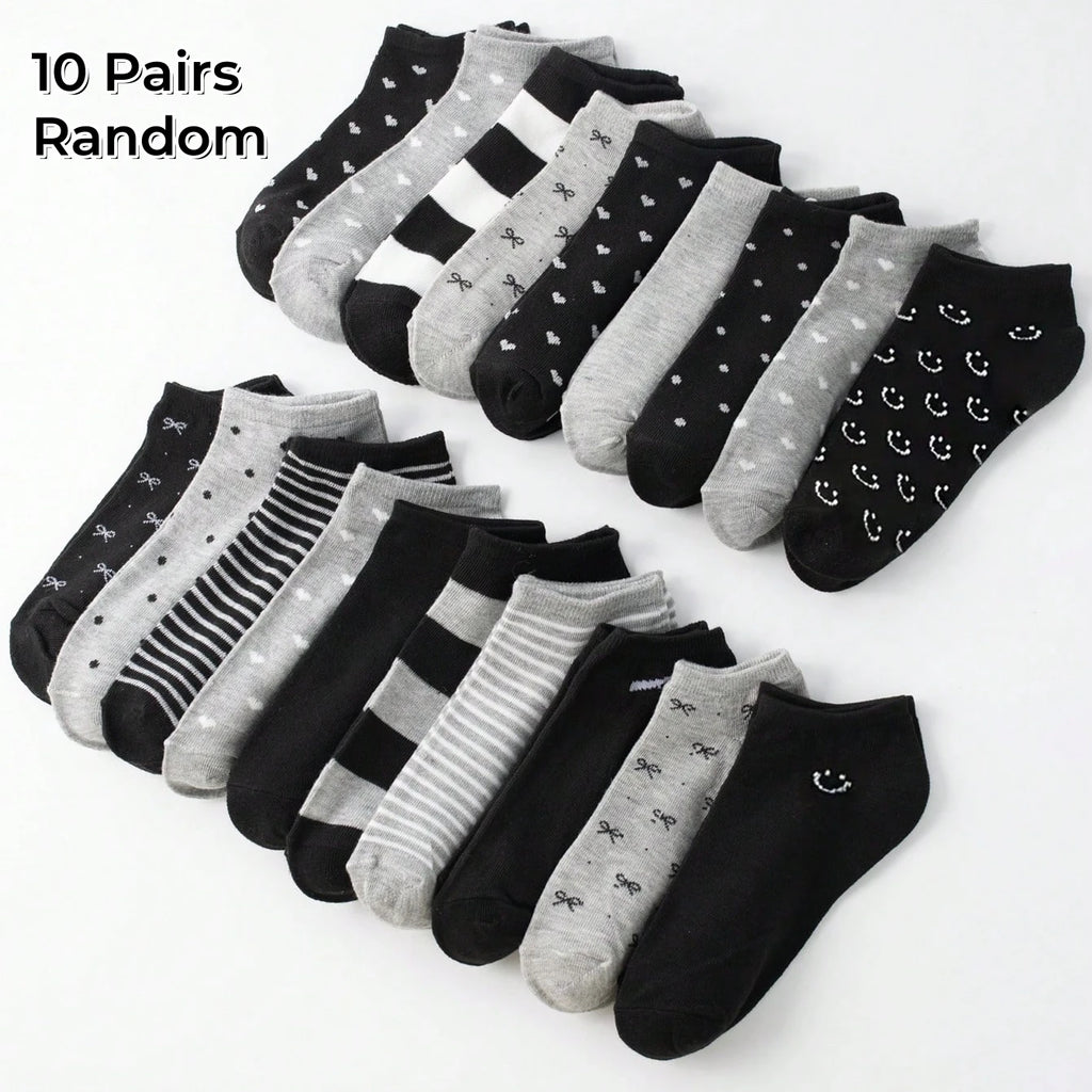 20 Pairs Women/Men Family Matching Short Socks, Black & Grey Series With Bow, Heart, Stripe