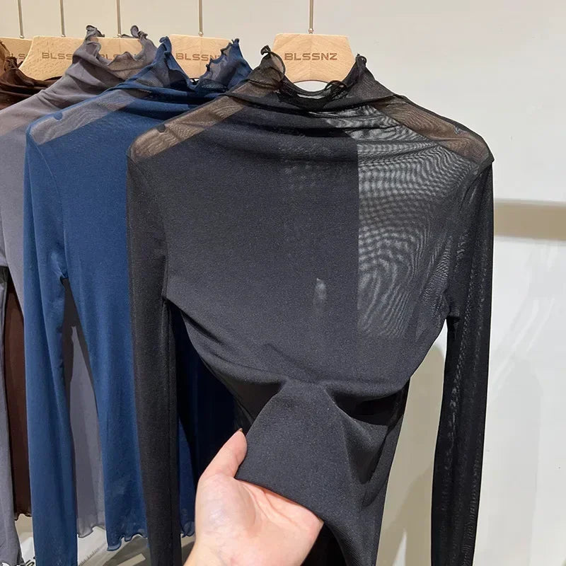 tops de malla transparentes de manga larga
