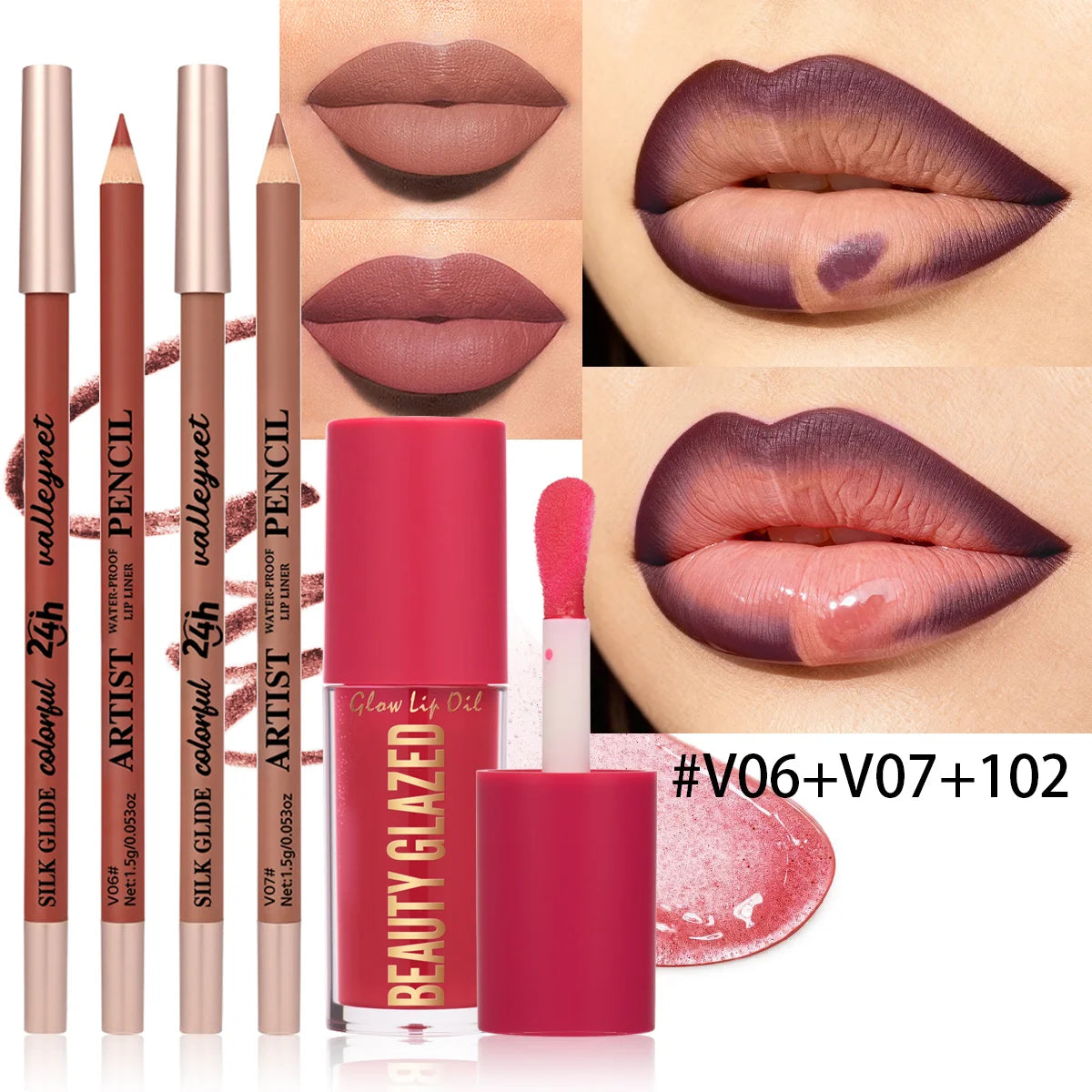 Set de 3 piezas: delineador de labios mate aterciopelado y aceite labial