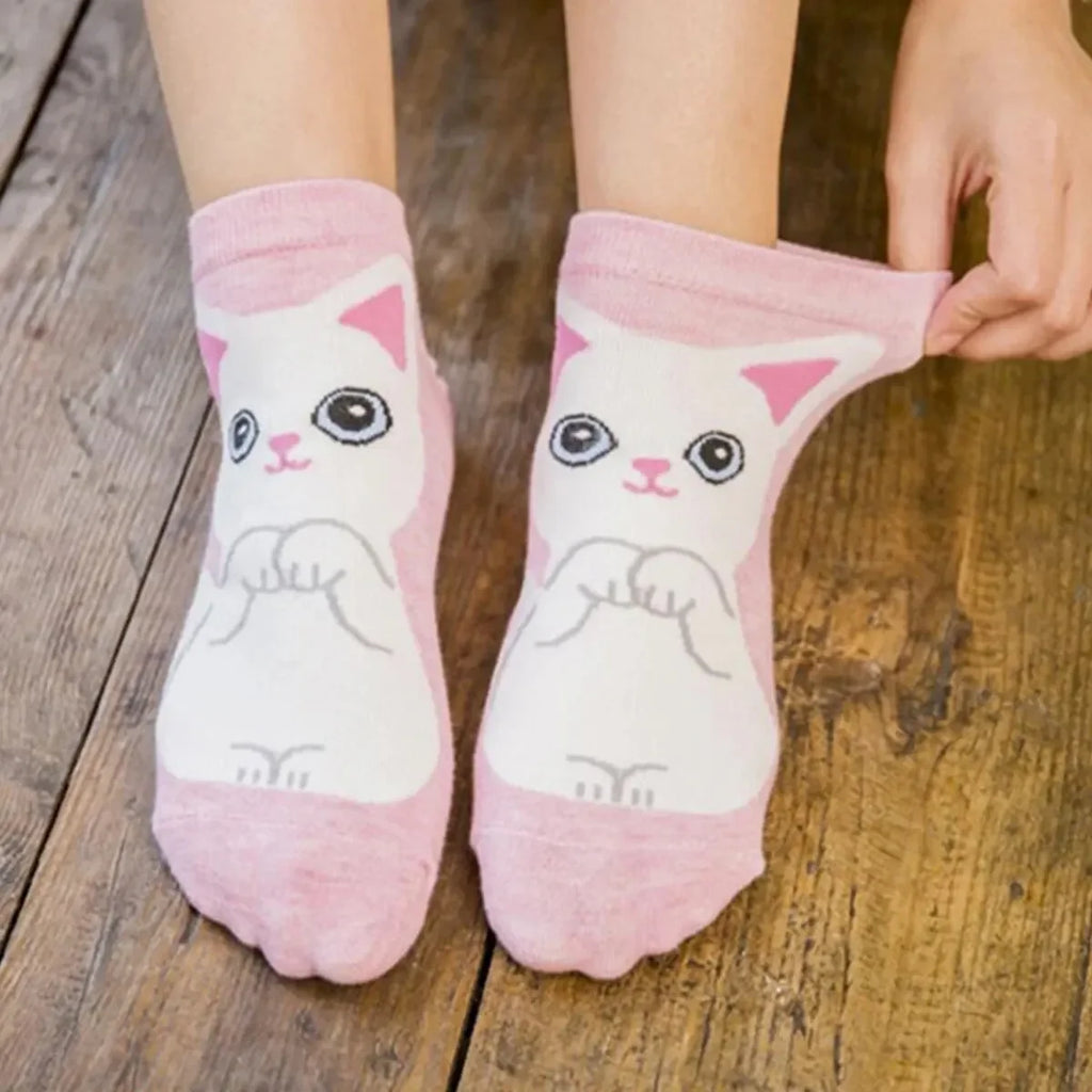 5/10 pares/set medias soquetes de mujer con estampado de gato
