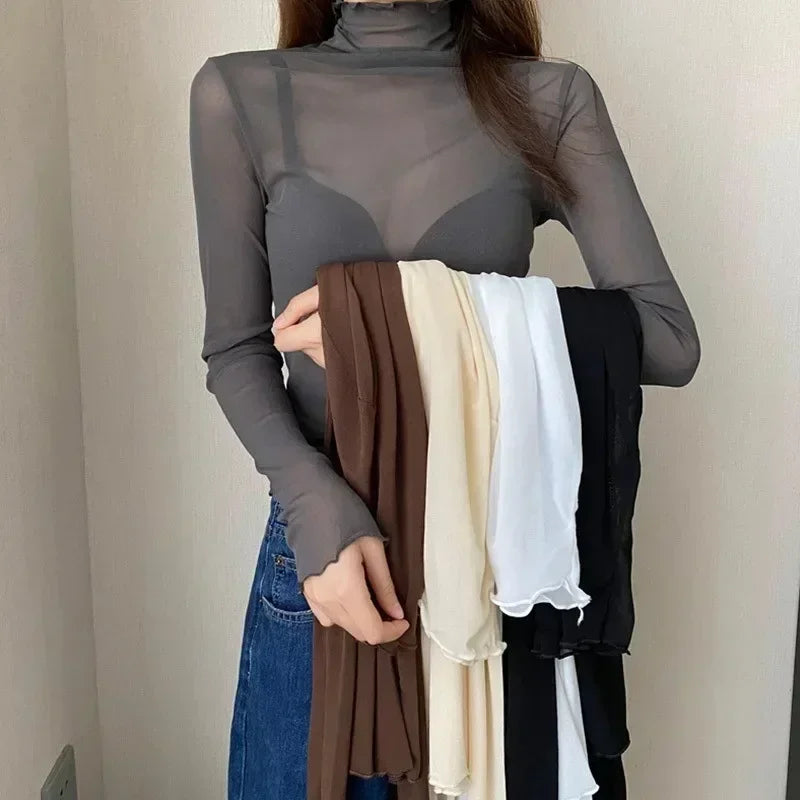 tops de malla transparentes de manga larga