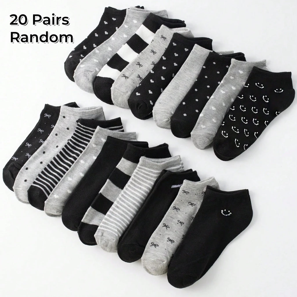 20 Pairs Women/Men Family Matching Short Socks, Black & Grey Series With Bow, Heart, Stripe