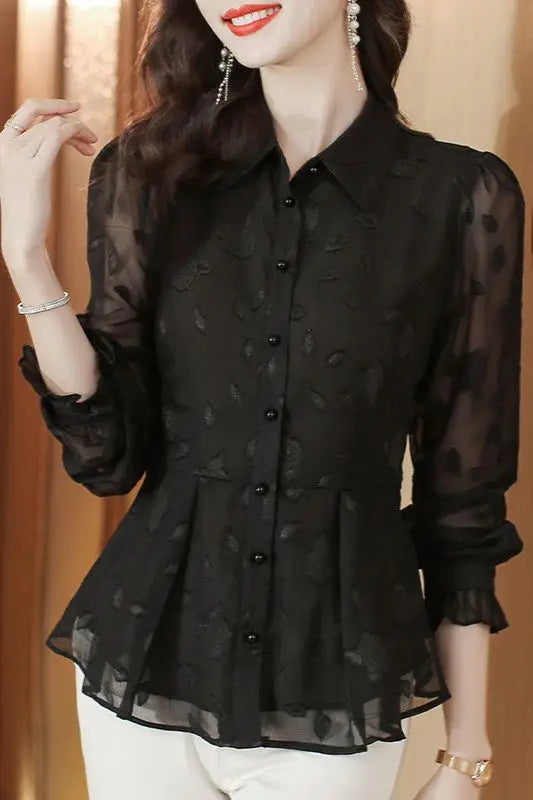 Blusa elegante de gasa con estampado floral y mangas largas