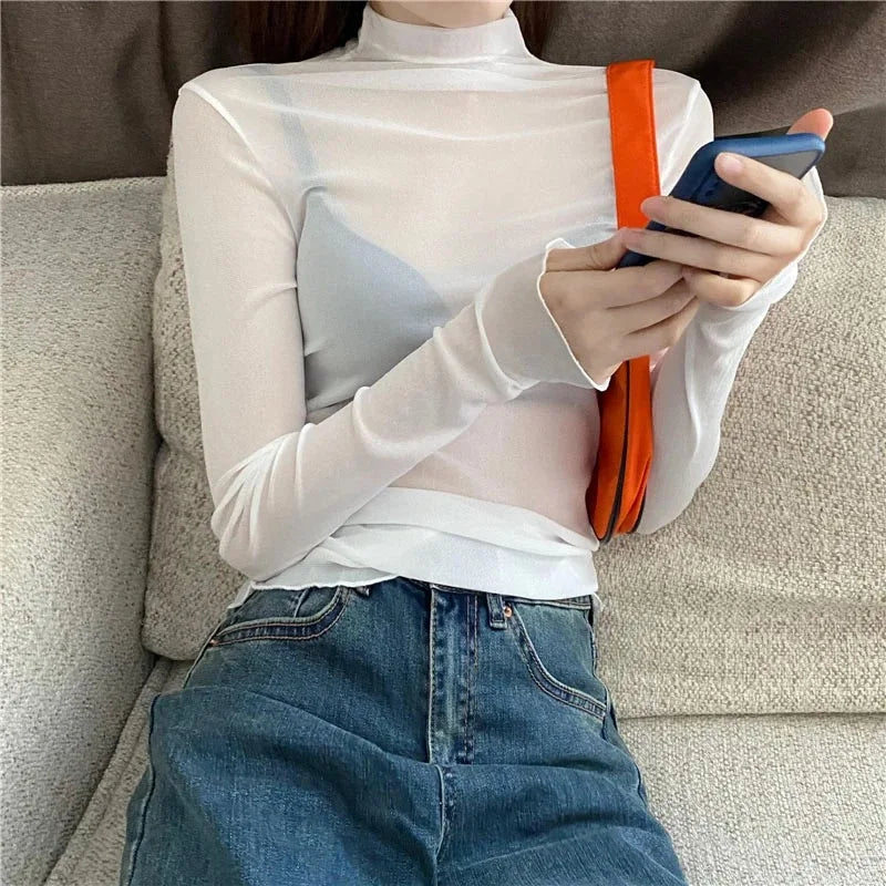 tops de malla transparentes de manga larga