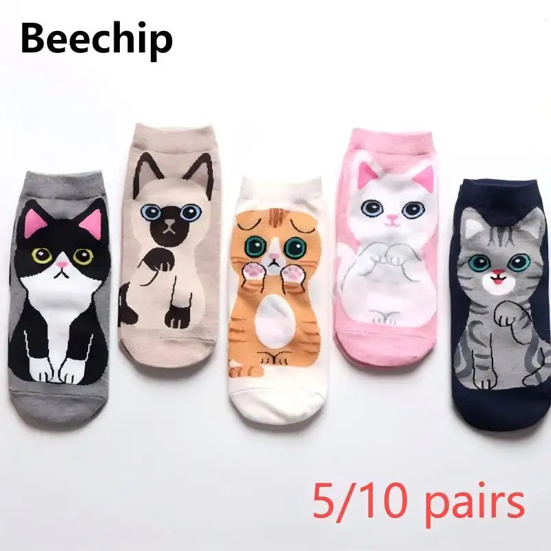 5/10 pares/set medias soquetes de mujer con estampado de gato