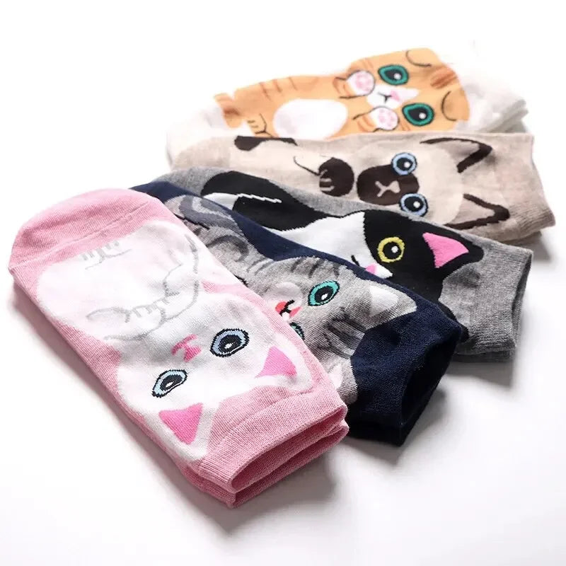 5/10 pares/set medias soquetes de mujer con estampado de gato
