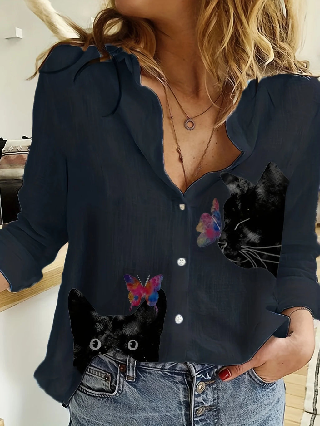 Women's Shirt Fashion Clashing Color Patchwork Shirt Top Temperament Sense Long Sleeve Cat Shirt 2023 Autumn Brand Design Shirt