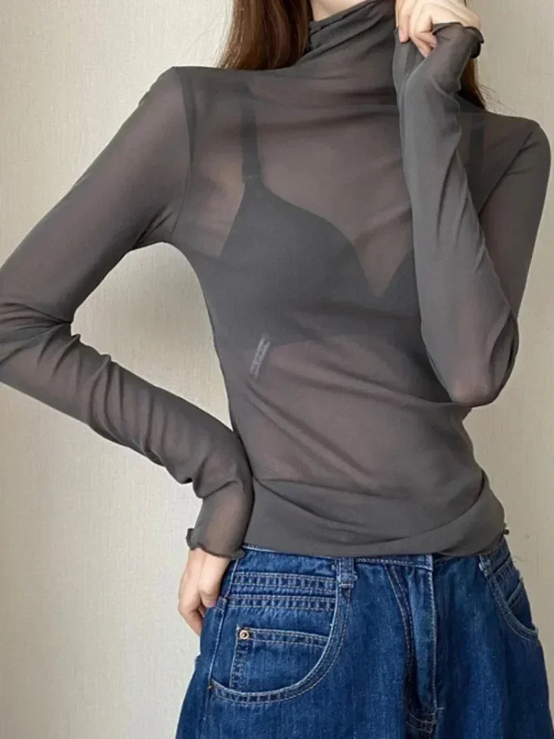 tops de malla transparentes de manga larga