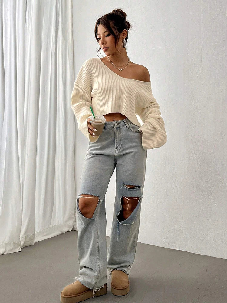 Sweater de punto liso de cuello en V