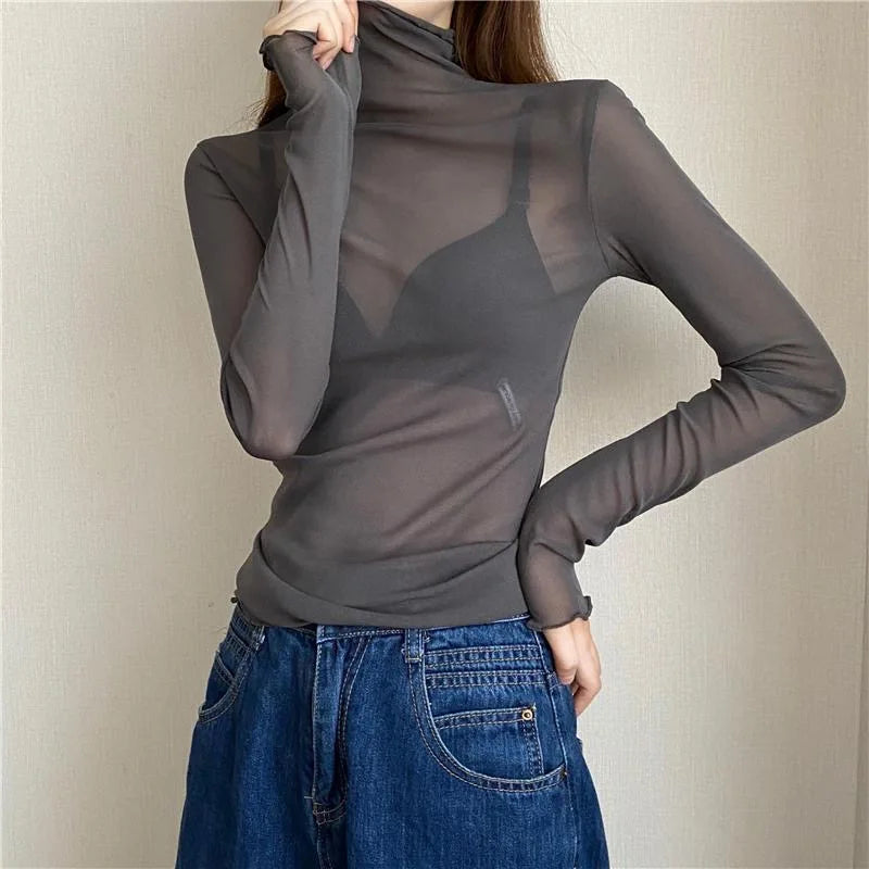 tops de malla transparentes de manga larga
