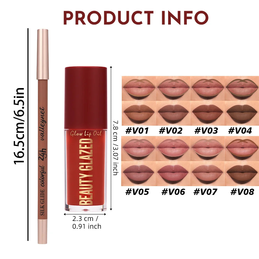 Set de 3 piezas: delineador de labios mate aterciopelado y aceite labial