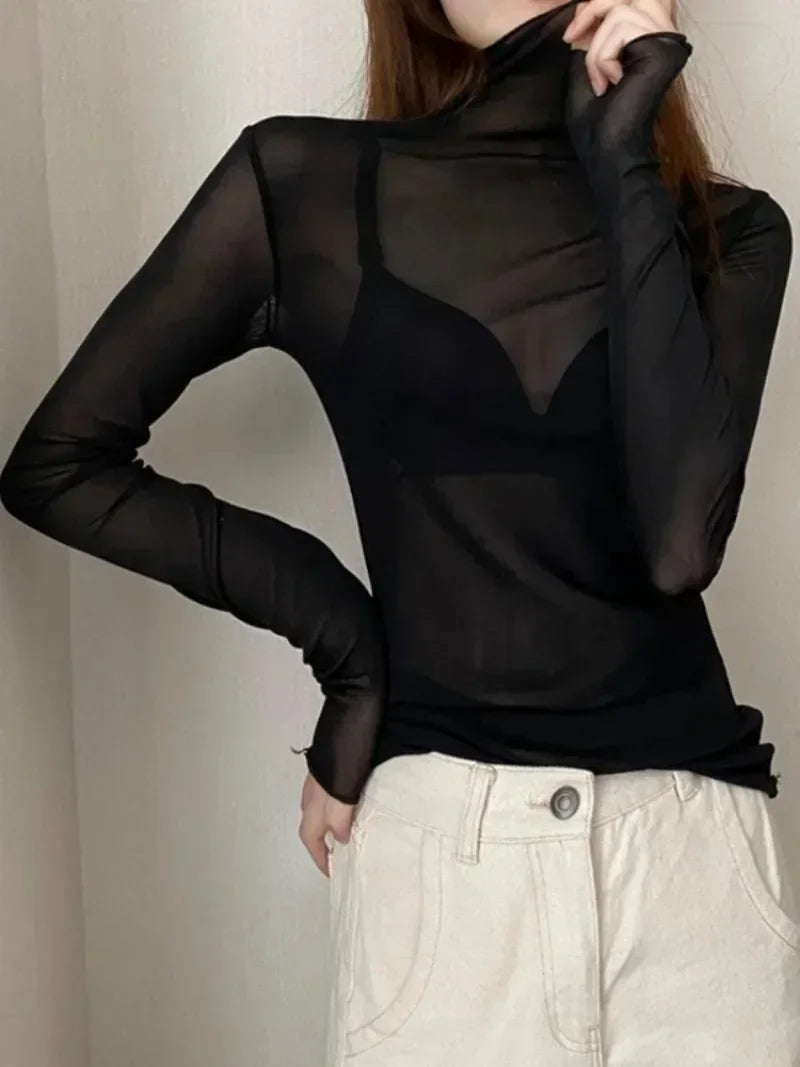tops de malla transparentes de manga larga