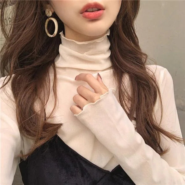 tops de malla transparentes de manga larga