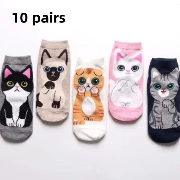 5/10 pares/set medias soquetes de mujer con estampado de gato